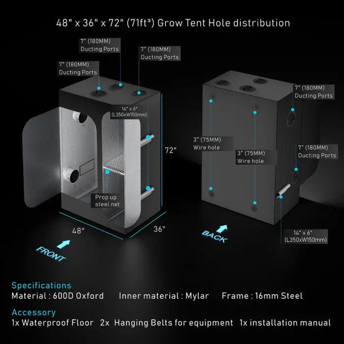Grow Tent 80×80×180 cm - 600D Oxford - Image 5
